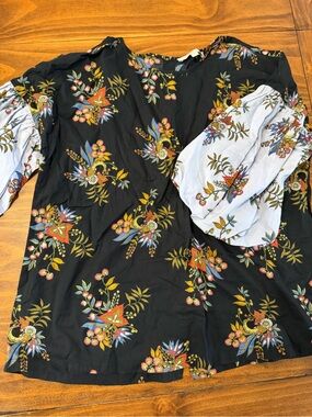 Loft Women’s Large Floral Navy Top with Puffed Sleeves, Button Back